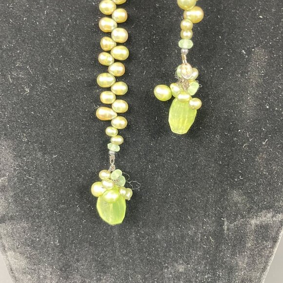 Artisan Green Freshwater Pearl Quartz Long Lariat Necklace Beaded Tassels - Picture 3 of 5